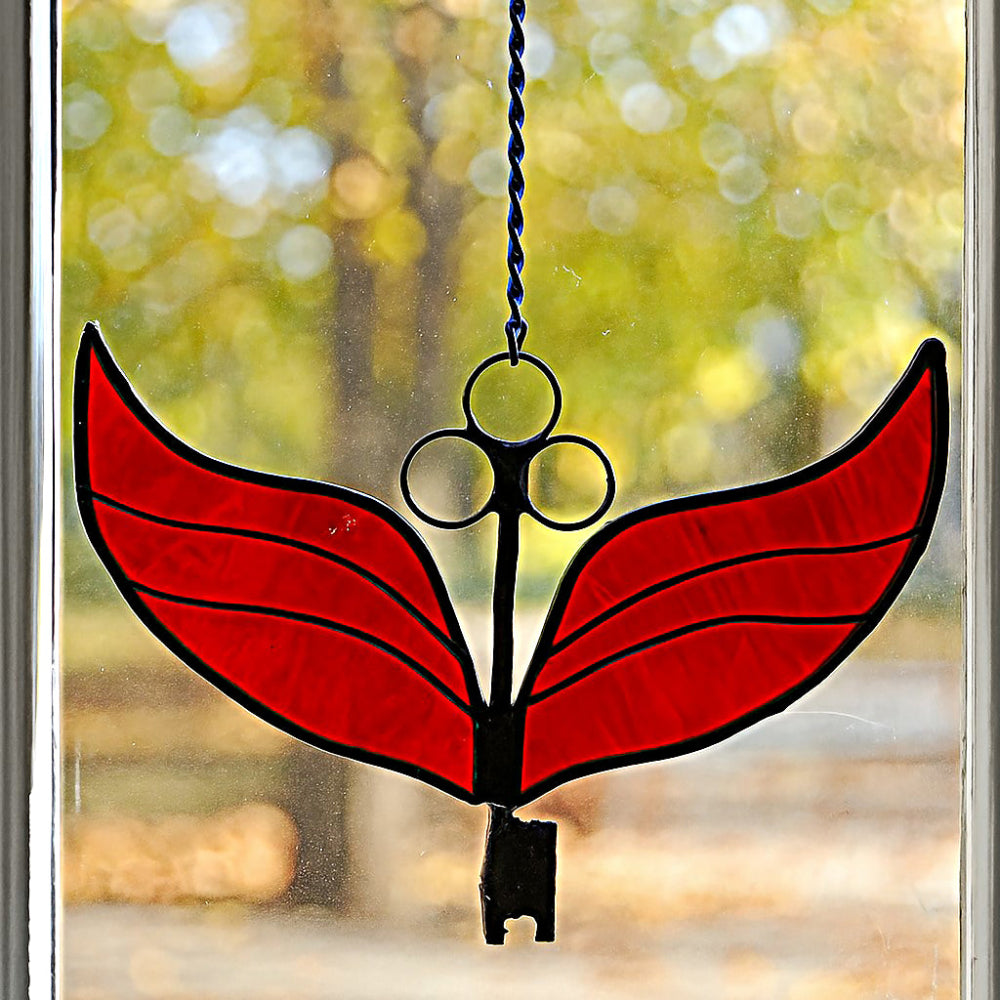 Stained glass winged key with red wings and black body hanging against a blurred natural background