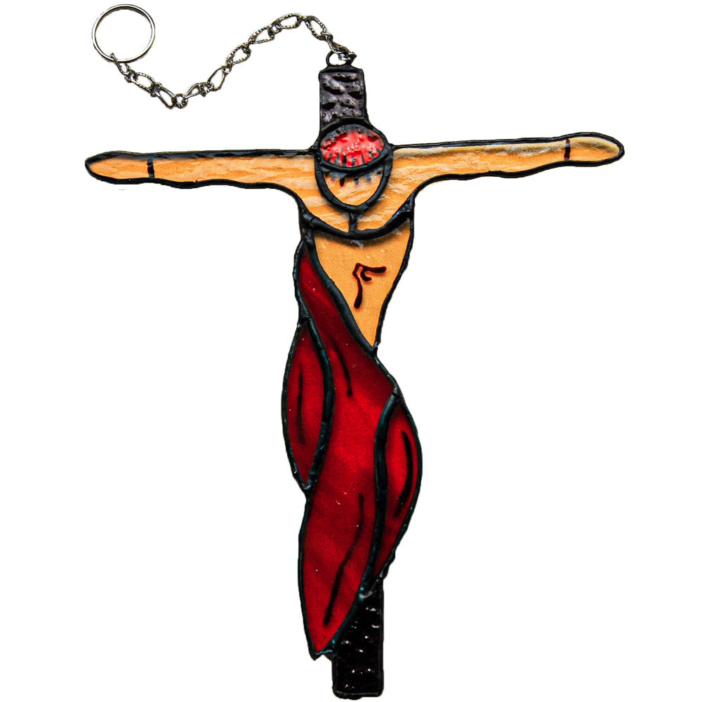 Stained glass crucifixion suncatcher with red drapery
