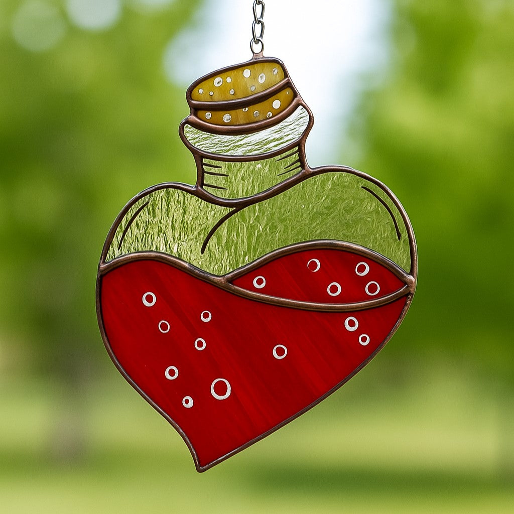 Whimsical stained glass heart bottle, unique fantasy gift idea, handmade glass decor