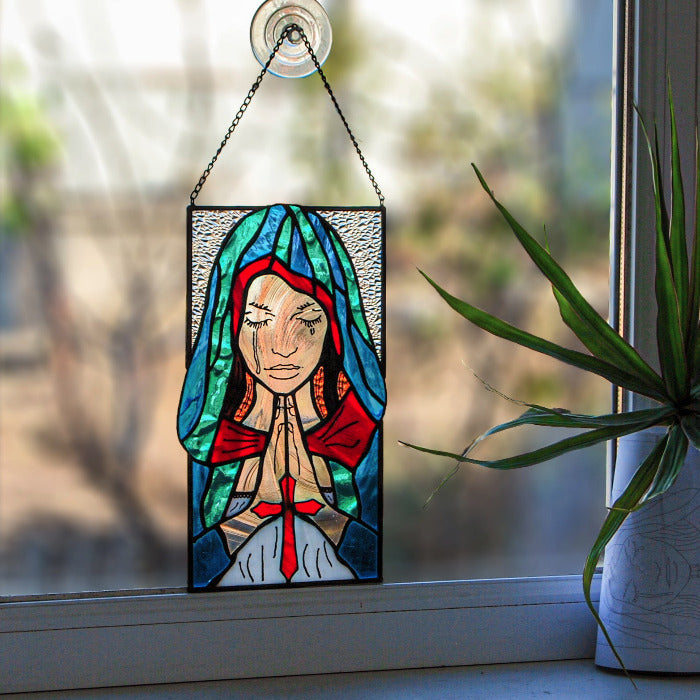 Grieving Virgin Mary stained glass