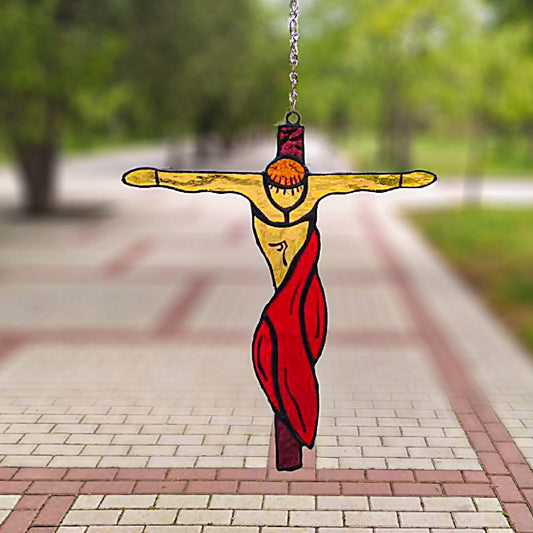 Stained glass crucifixion suncatcher with red drapery